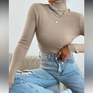 Khaki Ribbed Turtleneck Sweater